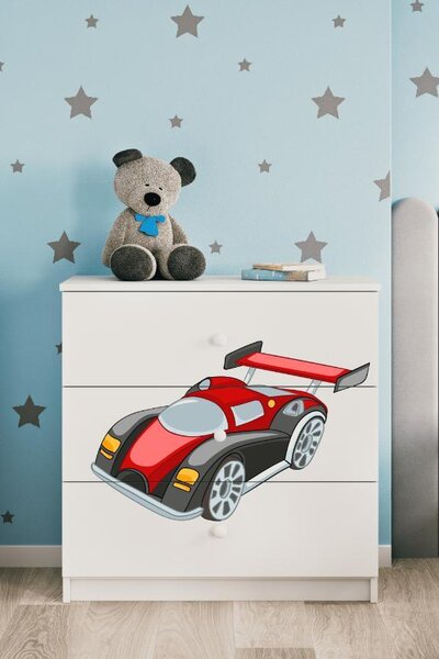 Dětská komoda se zásuvkami závodní auto v bílé barvě Babydreams