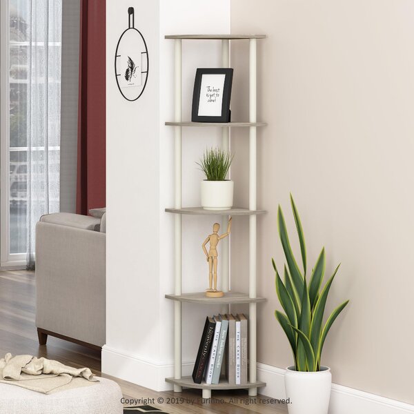 Rohový regál Furinno s 5 policemi, univerzální regál, materiál: dřevo, barva: sonoma/bílá, rozměry: 29,46 x