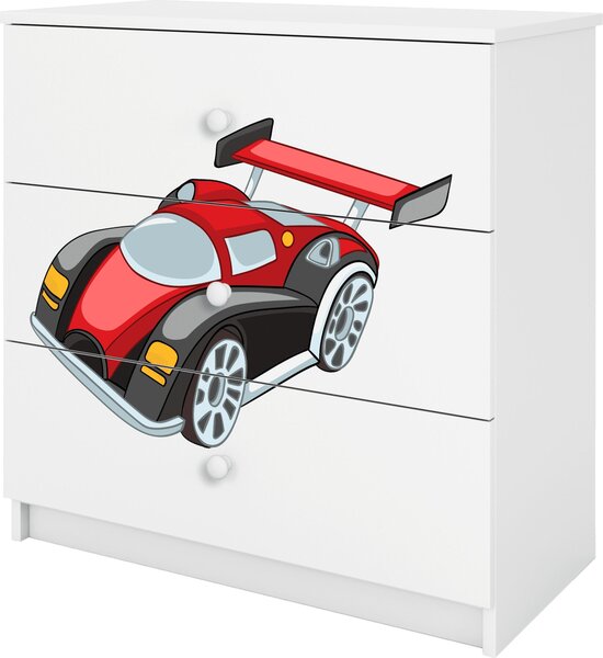 Dětská komoda se zásuvkami závodní auto v bílé barvě Babydreams