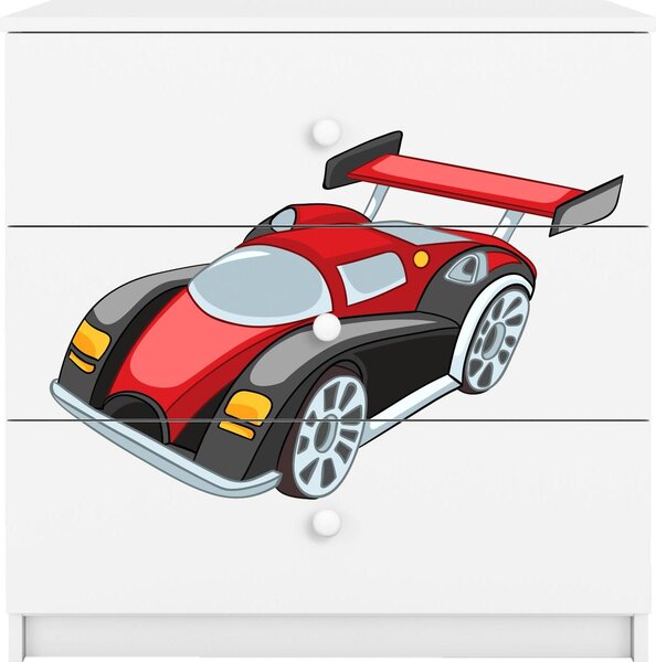 Dětská komoda se zásuvkami závodní auto v bílé barvě Babydreams
