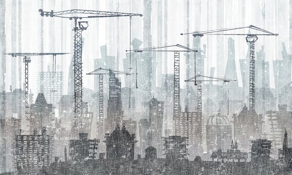 Fototapeta Skupina jeřábů ve městě, Geometrické 3D fototapety, Populární fototapety, u26287 - Tapeko.co.cz