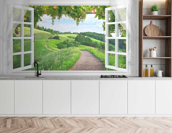 Fototapeta Okno s otevřenými dveřmi a cestou přes travnaté pole, 3D fototapety, Populární fototapety, u28196 - Tapeko.co.cz