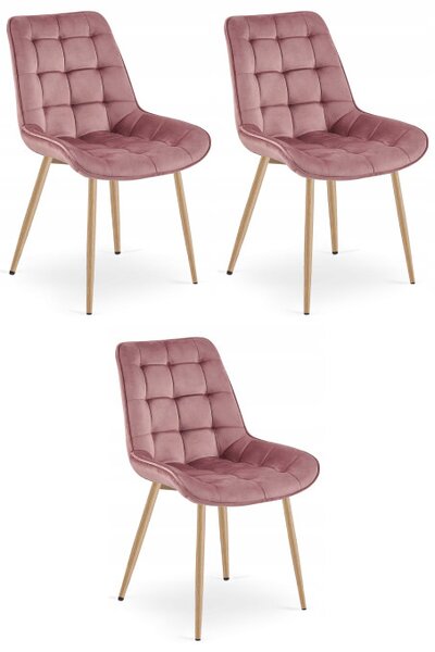 Set tří jídelních židlí BERA sametové tmavě růžové / dřevěné nohy (3 ks)