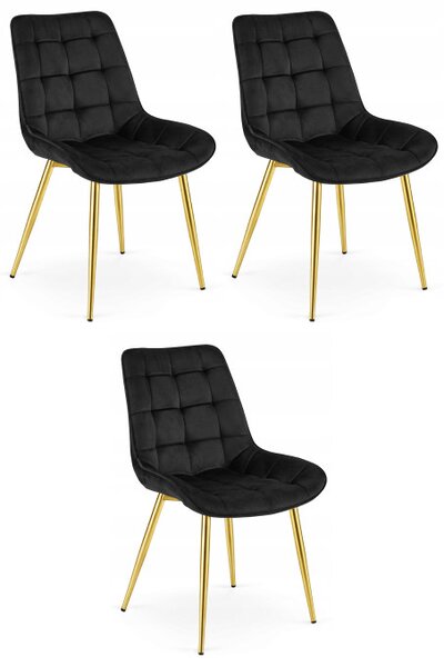 Set tří jídelních židlí BERA sametové černé / zlaté nohy (3 ks)