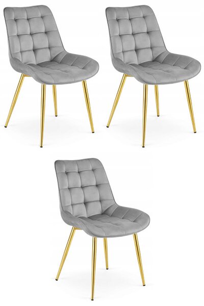 Set tří jídelních židlí BERA sametové světle šedé / zlaté nohy (3 ks)