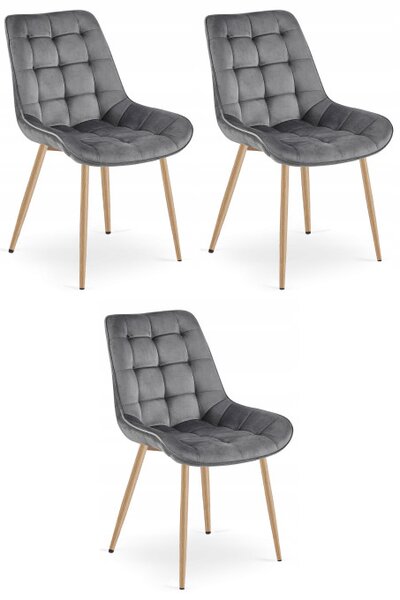 Set tří jídelních židlí BERA sametové tmavě šedé / dřevěné nohy (3 ks)