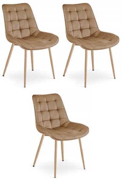 Set tří jídelních židlí BERA sametové hnědé / dřevěné nohy (3 ks)