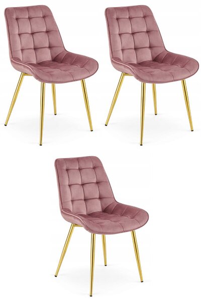Set tří jídelních židlí BERA sametové tmavě růžové / zlaté nohy (3 ks)