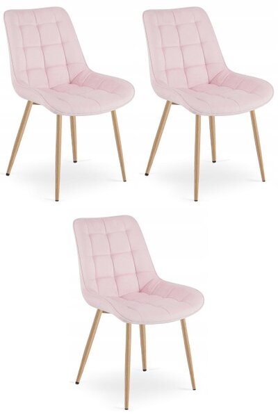 Set tří jídelních židlí BERA sametové světle růžové / dřevěné nohy (3 ks)