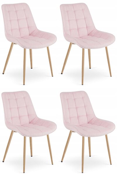 Set čtyř jídelních židlí BERA sametové světle růžové / dřevěné nohy (4 ks)