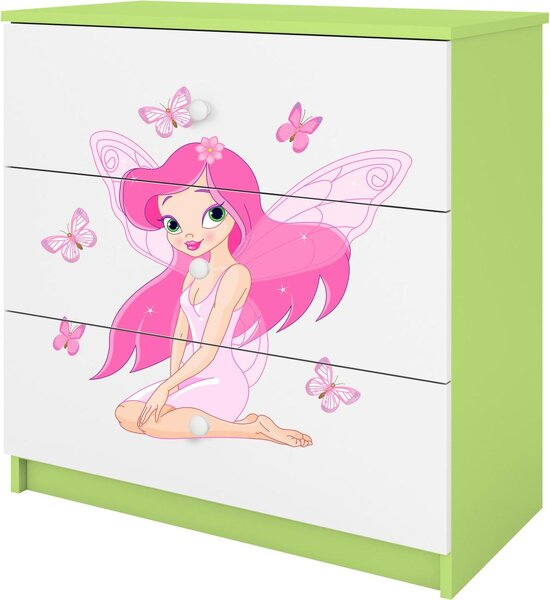 Dětská komoda skřítek s motýly v zelené barvě Babydreams