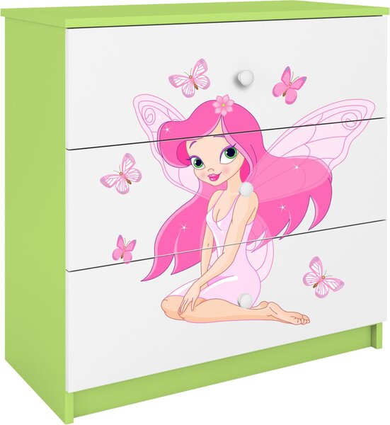 Dětská komoda skřítek s motýly v zelené barvě Babydreams