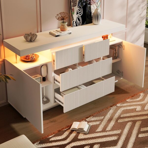 LED komoda/skříňka bílé barvy, rozměry 150x40x78 cm, vyrobená z MDF a kovu, s 6 zásuvkami a 2 dvířky, s reliéfními předními plochami, s moderním, "plovoucím" designem, vhodná do obývacího pokoje a chodby