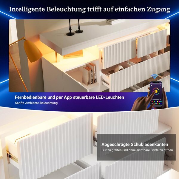 LED komoda/skříňka bílé barvy, rozměry 150x40x78 cm, vyrobená z MDF a kovu, s 6 zásuvkami a 2 dvířky, s reliéfními předními plochami, s moderním, "plovoucím" designem, vhodná do obývacího pokoje a chodby