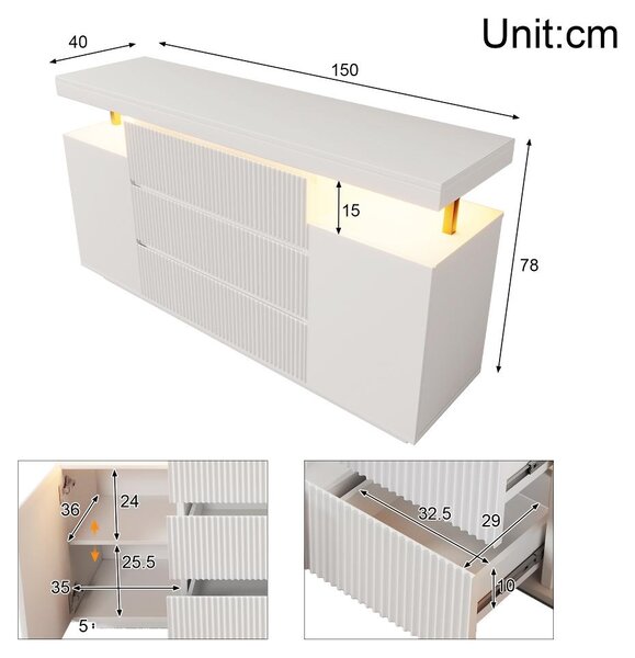 LED komoda/skříňka bílé barvy, rozměry 150x40x78 cm, vyrobená z MDF a kovu, s 6 zásuvkami a 2 dvířky, s reliéfními předními plochami, s moderním, "plovoucím" designem, vhodná do obývacího pokoje a chodby