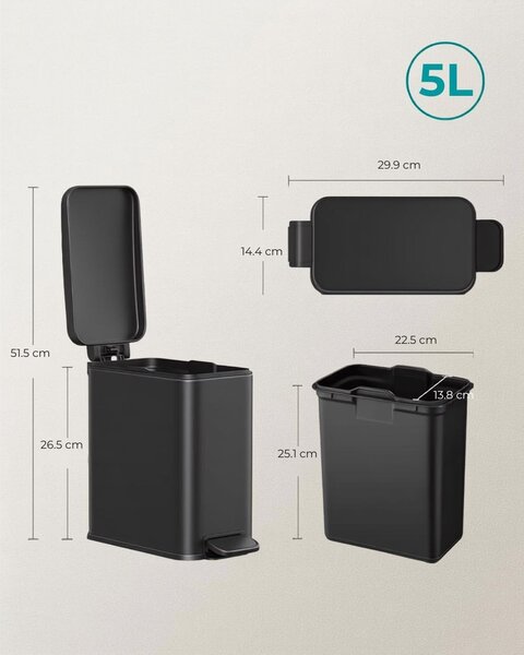 Koupelnový odpadkový koš NORD, 5 l, černý SongmicsHome