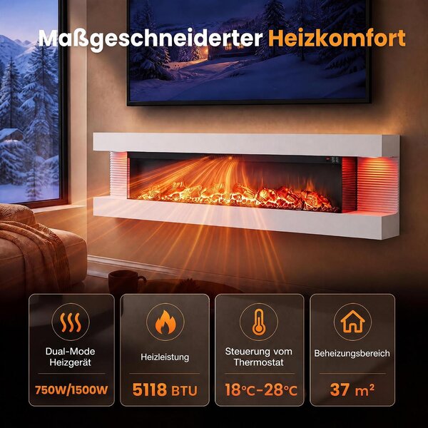 COSTWAY Elektrický krb, 32 palců, třístranný, dekorativní krb s topným výkonem 750W/1500W, nástěnný krb s LED osvětlením, 3D efekt plamenů, 12 barev plamenů a časovač