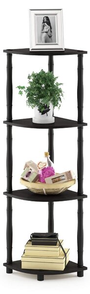 Rohový regál Furinno se 4 policemi, dřevěný, barva espresso, rozměry 29,46 x 29,46 x 110,49 cm