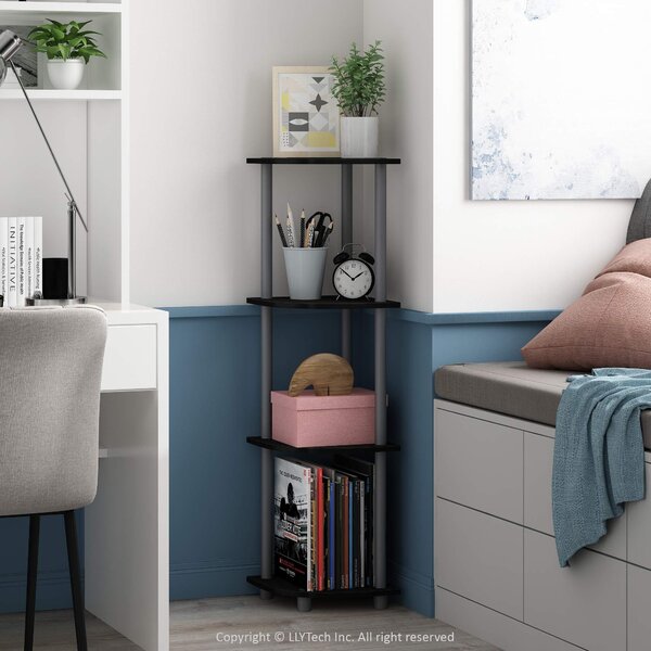 Kompaktní rohový víceúčelový regál Furinno se 4 policemi, černý/šedý, rozměry 29,46 x 29,46