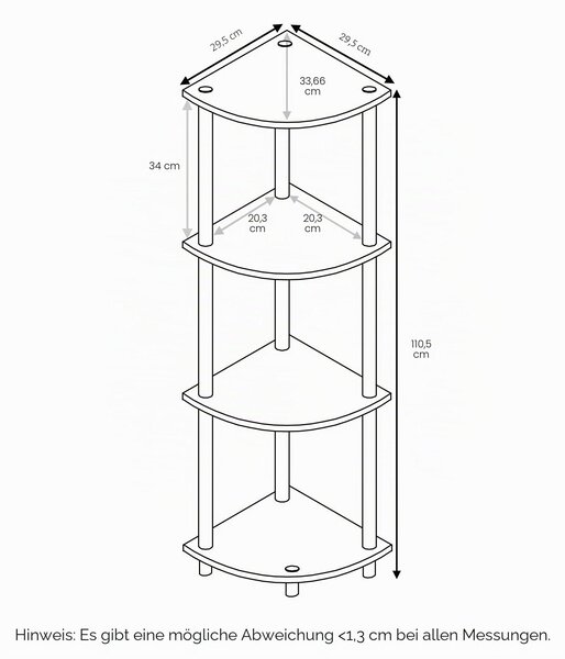 Kompaktní rohový víceúčelový regál Furinno se 4 policemi, černý/šedý, rozměry 29,46 x 29,46