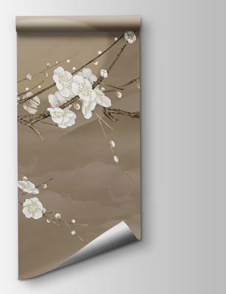Fototapeta Větev stromu s bílými květy a ptákem na ní, 3D květinové fototapety, Populární fototapety, u30981 - Tapeko.co.cz