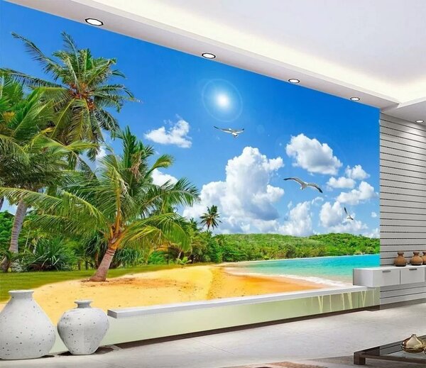 Fototapeta Pláž s palmami a vodní plochou, Přírodní fototapety, Populární fototapety, u31410 - Tapeko.co.cz