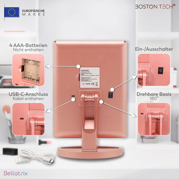 Zrcadlo s LED osvětlením Boston Tech pro líčení, s různými zvětšeními: 1x, 2x, 3x a 10x
