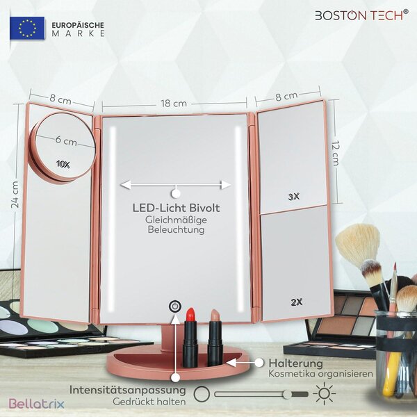 Zrcadlo s LED osvětlením Boston Tech pro líčení, s různými zvětšeními: 1x, 2x, 3x a 10x