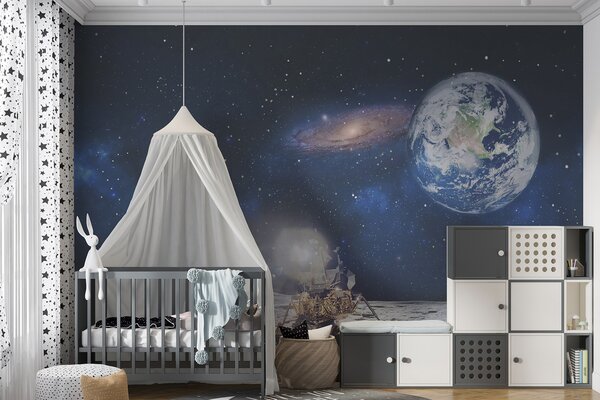 Fototapeta Měsíc s planetou a hvězdami a planetou v pozadí, Designové fototapety na zeď, Populární fototapety, u32021 - Tapeko.co.cz