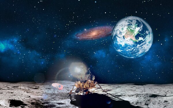 Fototapeta Měsíc s planetou a hvězdami a planetou v pozadí, Designové fototapety na zeď, Populární fototapety, u32021 - Tapeko.co.cz