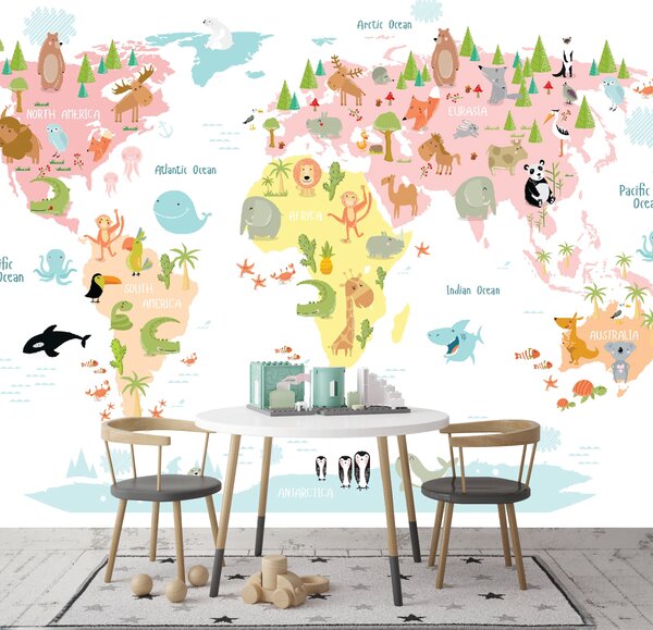 Fototapeta Mapa světa se zvířaty, Dětské fototapety, Populární fototapety, u32762 - Tapeko.co.cz