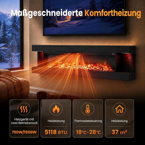 COSTWAY Elektrický krb, 32 palců, třístranný, dekorativní krb s topným výkonem 750W/1500W, nástěnný krb s LED osvětlením, 3D efekt plamenů, 12 barev plamenů a časovač
