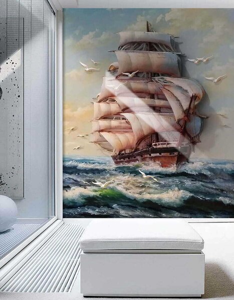 Fototapeta Obraz lodi s plachtami a létajícími ptáky, Designové fototapety na zeď, Populární fototapety, u34241 - Tapeko.co.cz