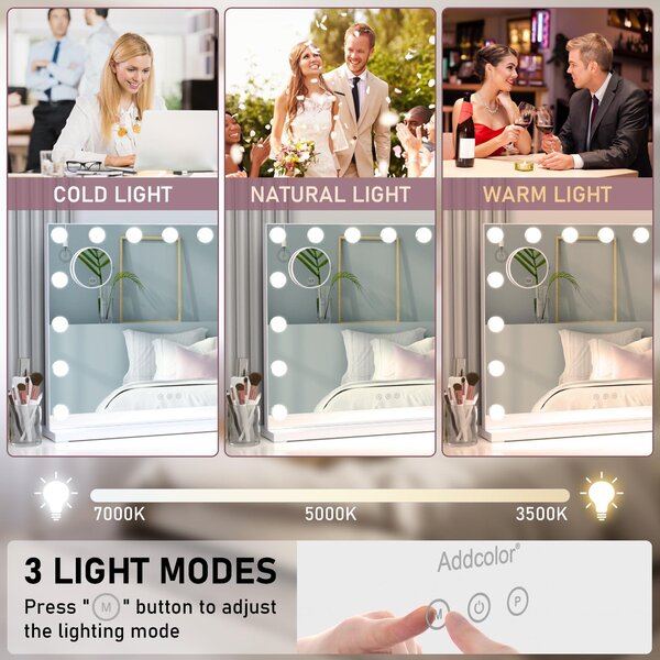 Kosmetické zrcadlo ADDCOLOR s osvětlením, hollywoodské zrcadlo s 15 LED lampami a