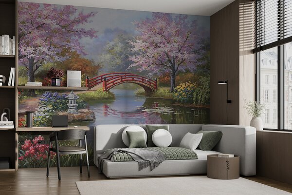 Fototapeta Obraz rybníka s mostem a květinami, Designové fototapety na zeď, Populární fototapety, u35418 - Tapeko.co.cz