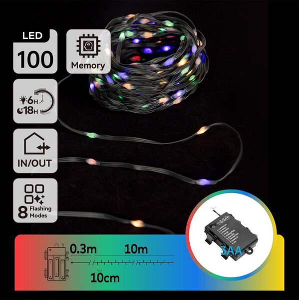 Aigostar-LED Venkovní vánoční řetěz 100xLED/8 funkcí 3xAA 10,3m IP44 multicolor