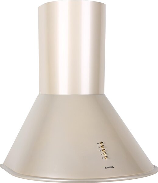 Klarstein Lumio Primo - Retro digestoř, odsávací digestoř, šířka 60 cm, max. průtok odsávání 352 m³/h, 3 stupně výkonu, 75 cm zábradlí, pouzdro z ušlechtilé oceli, champagne