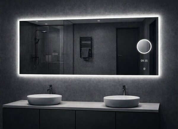 LED zrcadlo TIME 160x65 cm, hodiny, kosmetické zrcátko, nastavitelné osvětlení