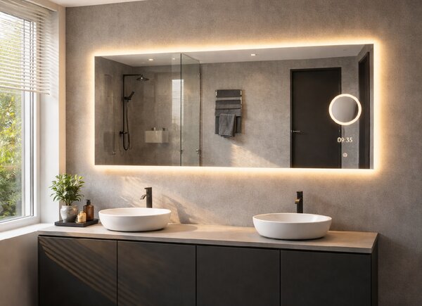 LED zrcadlo TIME 160x65 cm, hodiny, kosmetické zrcátko, nastavitelné osvětlení