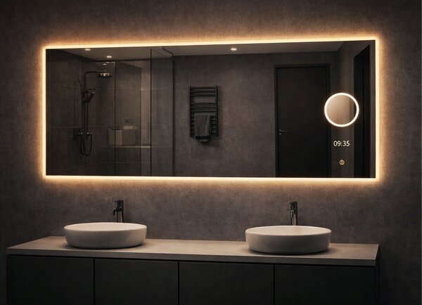 LED zrcadlo TIME 160x65 cm, hodiny, kosmetické zrcátko, nastavitelné osvětlení