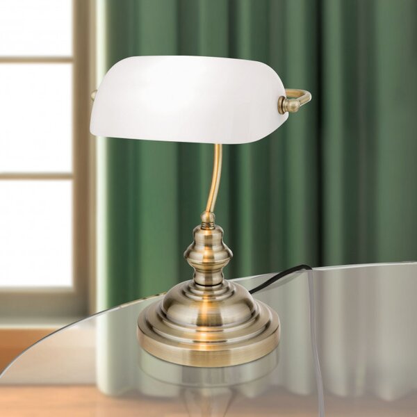 Orion LA4-587/1-Opal Stolní stylová lampa BANKIR patina BÍLÉ sklo