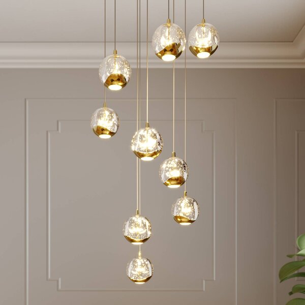 Lucande Závěsné svítidlo LED Hayley, Ø 40 cm, 9 světel, zlatá barva, sklo, Mosaz / zlato, Obývací pokoj / jídelna, Sklo, Design