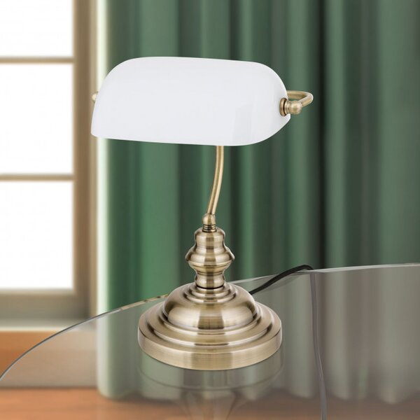 Orion LA4-587/1-Opal Stolní stylová lampa BANKIR patina BÍLÉ sklo