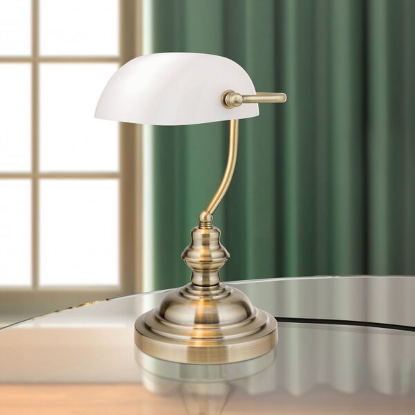 Orion LA4-587/1-Opal Stolní stylová lampa BANKIR patina BÍLÉ sklo