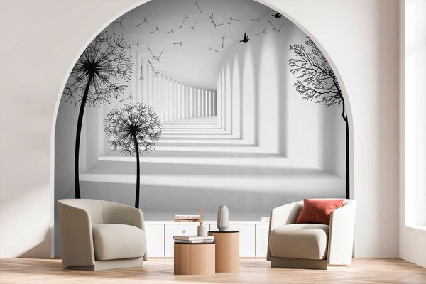 Fototapeta Bílá místnost se stromy a létajícími ptáky, Fototapety s expandujícím prostorem, Populární fototapety, u37803 - Tapeko.co.cz