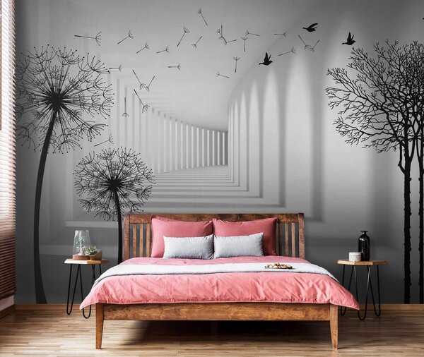 Fototapeta Bílá místnost se stromy a létajícími ptáky, Fototapety s expandujícím prostorem, Populární fototapety, u37803 - Tapeko.co.cz