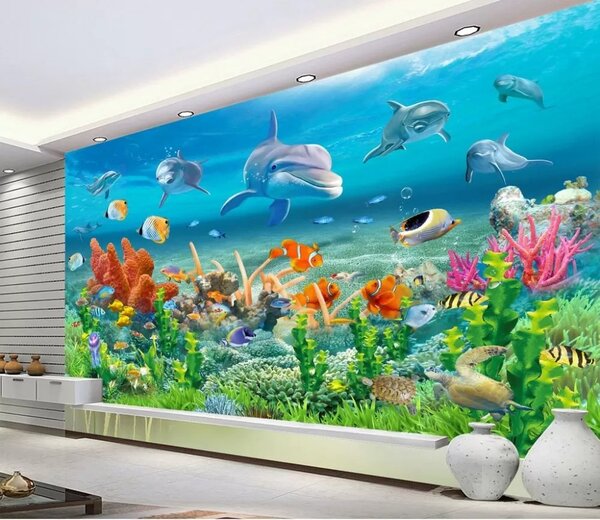 Fototapeta Skupina ryb a delfínů plovoucích v oceánu, Mořské fototapety, Populární fototapety, u40487 - Tapeko.co.cz