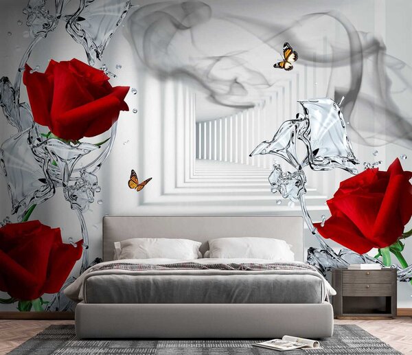 Fototapeta Červené růže a motýli ve sklenici, 3D květinové fototapety, Populární fototapety, u41092 - Tapeko.co.cz