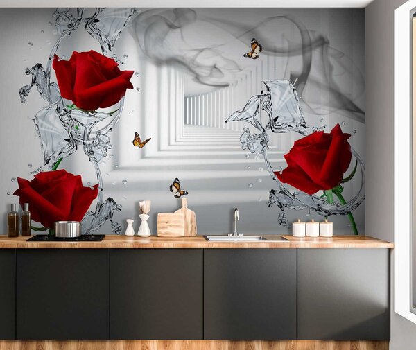 Fototapeta Červené růže a motýli ve sklenici, 3D květinové fototapety, Populární fototapety, u41092 - Tapeko.co.cz