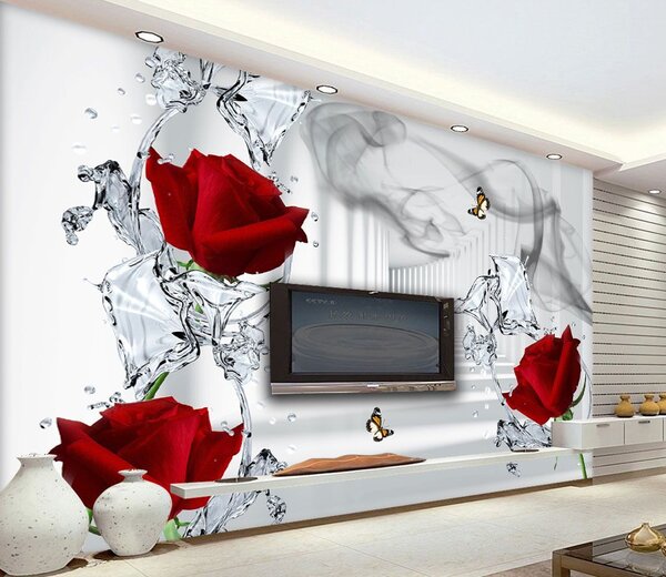 Fototapeta Červené růže a motýli ve sklenici, 3D květinové fototapety, Populární fototapety, u41092 - Tapeko.co.cz